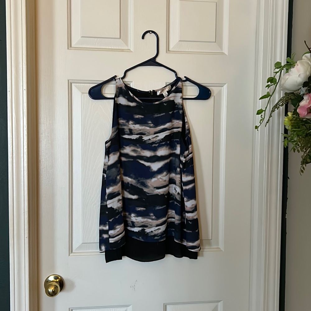Kenar Blue/Black/Cream Abstract Print Satin Tank Top, Size XS